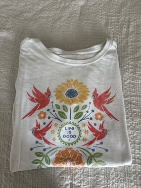 Life Is Good White Short Sleeve Crusher Tee with Sunflower, Birds & Floral Motif